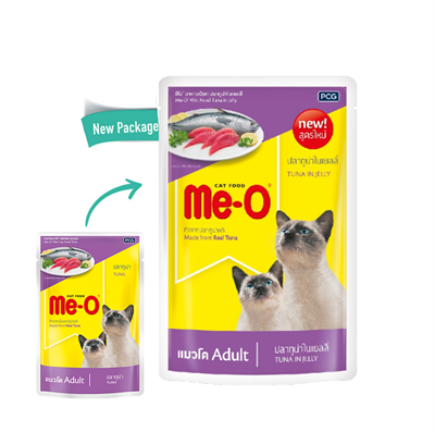 MeO มีโอ  อาหารแมวชนิดเปียกสำหรับแมวทุกสายพันธุ์ อายุตั้งแต่อย่านมขึ้นไป สูตรปลาทูน่าในน้ำเยลลี่  (80g)