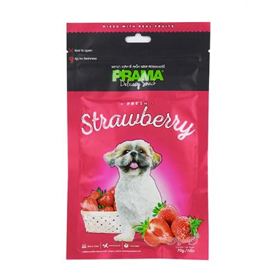 PRAMA Strawberry พราม่า สแน็ค ขนมสุนัขผสมเนื้อผลไม้จริง รสสตรอเบอรี่ บำรุงขน+ต้านอนุมูลอิสระ+คอลลาเจน(70g)