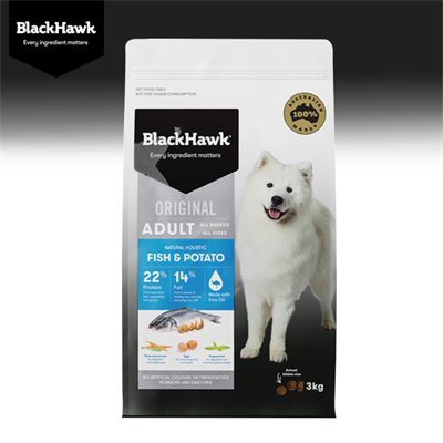 BlackHawk Dog Adult (Original) Fish & Potato อาหารสุนัข โฮลิสติก สูตรปลาและมันฝรั่ง บำรุงผิวหนังและขน (3kg, 10kg, 20kg)